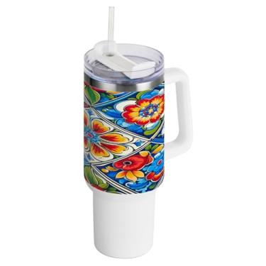 Imagem de Kigai Copo de 1,134 g com tampa e canudo, azulejos de cerâmica estilo mexicano, à prova de vazamento, durável, copo isolado de aço inoxidável com alça, garrafas de água à prova de derramamento para