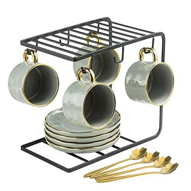 Imagem de Xícara de chá de porcelana vintage britânica, xícaras de café de cerâmica, conjunto de chá criativo com xícara de café com suporte de exibição xícaras de cappuccino latte mocha, xícara de chá para