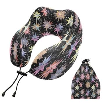 Imagem de CEBUGI Travesseiros de viagem portáteis em forma de U, travesseiro de pescoço de espuma viscoelástica com trava de corda ajustável para avião, viagem, trem, negócios, escritório, soneca (estrelas)