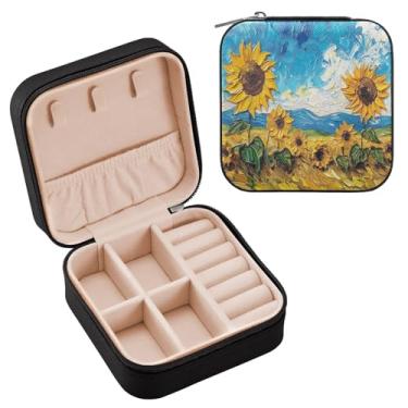 Imagem de YETTASBIN Caixa de joias de girassol para adolescentes, meninas, mulheres, presente de aniversário, Natal, caixa de armazenamento portátil de couro PU, mini estojo de joias de viagem para colar