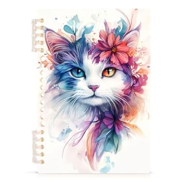 Imagem de Burbuja Caderno floral com cabeça de gato, papel pautado universitário A5 com 60 folhas, fichário para diário, trabalho, escritório, 1 pacote
