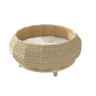 Imagem de SHENGOCASE Cama extra grande de vime para gatos de vime, sofá elevado com base de madeira, almofada aconchegante para Maine Coon, ambientes internos