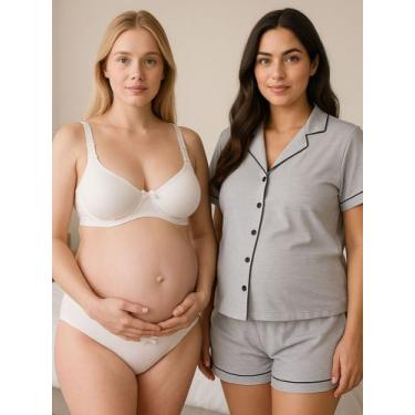 Imagem de Combo Amamentação Pijama com Botões Sutiã com Clique e Calcinha Pós Pa