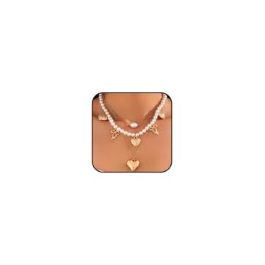 Imagem de Colar de pérolas em camadas para mulheres, colar de pingente de coração de ouro e prata, colar rosa com pingente de corrente fofa, gargantilha delicada e elegante, presente para Natal e Ano Novo