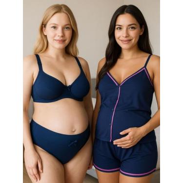 Imagem de Combo Amamentação Pijama com Botões Sutiã com Clique e Calcinha Pós Pa