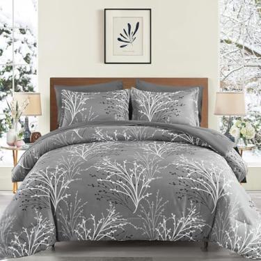 Imagem de DJY Conjunto de edredom cinza California King Size – cama botânica ramo em uma bolsa, 7 peças, edredom floral cinza, conjunto de cama com estampa de ramos de microfibra macia para todas as estações