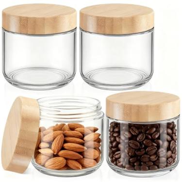 Imagem de Bumobum Potes de vidro de 227 g com tampas, pequeno recipiente de vidro com tampa hermética de bambu, recipientes de boca larga para pudim de chia, preparação de refeições, parfait, salada, lanches