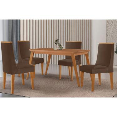 Imagem de Sala Jantar Mesa Havana Tampo Curvo 120cm+4 Cadeiras Dakota Madeira Naturale - Capuccino/Suede Marrom - Rufato