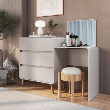 Imagem de Cômoda Penteadeira com Espelho 3 Gavetas e Pés Curve Completa Móveis - Bege Dunas