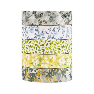 Imagem de Conjunto de 5 rolos de adesivos Washi de 2 m, adesivos com estampa de flores decorativos para artes faça-você-mesmo artesanato suprimentos de diário scrapbook cartão embrulho