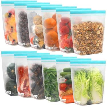 Imagem de roonoo Pacote com 12 sacos reutilizáveis de galão, sacos de armazenamento de alimentos sem BPA, silicone extra grosso à prova de vazamento e sacos ziplock sem plástico para preparação de refeições