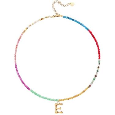 Imagem de MEVOME Colar feminino com contas com inicial de pedras, semipreciosas, boho, pedra semipreciosa, banhado a ouro 18 K, arco-íris, colorido, moderno, alfabeto, gargantilha delicada, joia feminina para