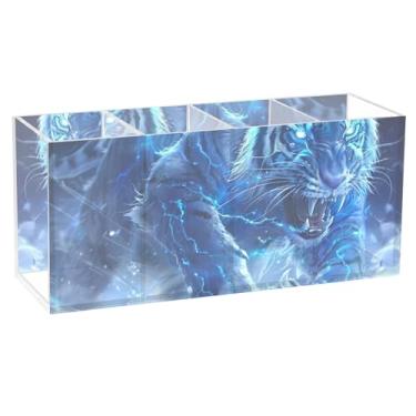 Imagem de TSENQUE Porta-lápis de mesa de acrílico com estampa de tigre zangado fofo, suporte de pincéis de maquiagem, copo de caneta, escritório e estética