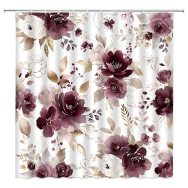 Imagem de Cortina de chuveiro floral vermelha bordô, folha de flor em aquarela primavera feminina banheiro decoração de casa com ganchos, 187 x 178 cm