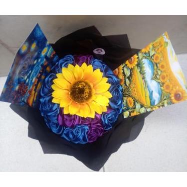 Imagem de Buquê de Rosas Eternas Van Gogh+Girassol (18 Rosas +2 Imagens+Led ou MSG) (Azul c/Roxo)