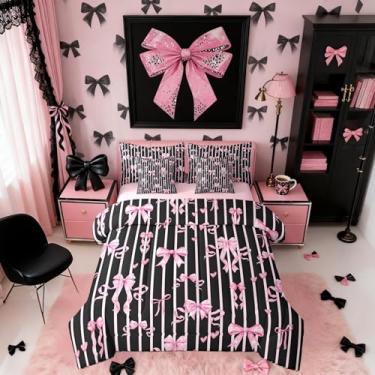 Imagem de Erosebridal Conjunto de edredom com laço rosa, 7 peças, solteiro, kawaii, laço feminino, princesa, nó de borboleta, para decoração de quarto de crianças, meninas, mulheres, conjunto de cama preto