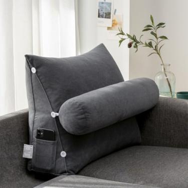 Imagem de CYTJHMD Almofada de cunha, almofada triangular com suporte para as costas ajustável, almofada de encosto de sofá-cama, almofada de leitura para livros, jogos ou assistir TV, cinza escuro, 45 x 45 x 20