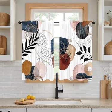 Imagem de DOTOOMA Cortinas modernas em aquarela de 66 x 91 cm para café curtas boho folha abstrata geométrica cozinha sala de jantar decoração de banheiro tratamento de janela camadas drapeadas 2 painéis