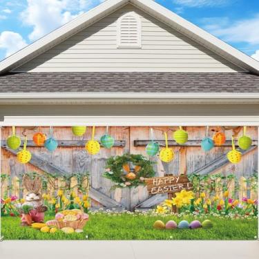 Imagem de OERJU Faixa de porta de garagem feliz Páscoa ovos de coelho celeiro rústico porta de madeira decoração de porta de garagem Páscoa decoração de coelho primavera suprimentos de festa interior exterior