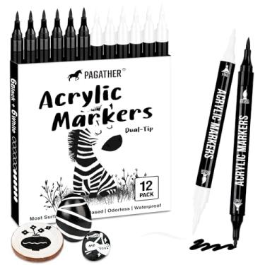 Imagem de Pagather Marcadores de tinta acrílica preto e branco, pacote com 12 canetas de ponta dupla com ponta fina e ponta de pincel para pedra, madeira, caligrafia, tela, cerâmica, metal, vidro, pintura
