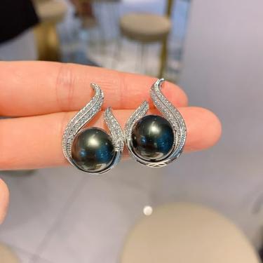 Imagem de Brincos femininos de luxo em forma de gota d'água com pérola sintética preta, One, Metal, Zircônia cúbica Pérola sintética