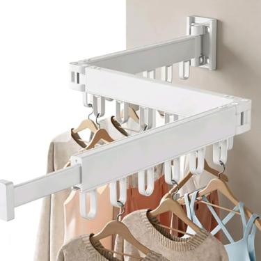 Imagem de QRZLP Estante de secagem de roupas, rack de secagem de roupa dobrável de parede com 18 ganchos cabide retrátil dobrável para secadora para uso interno/externo. (branco)