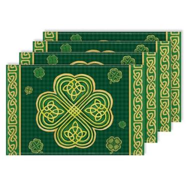 Imagem de Jogo americano de trevos verdes do dia de São Patrício, conjunto de 4 tapetes de mesa da sorte de primavera de 30 x 45 cm para casa, cozinha, jantar, festa, decoração interna ao ar livre CD41