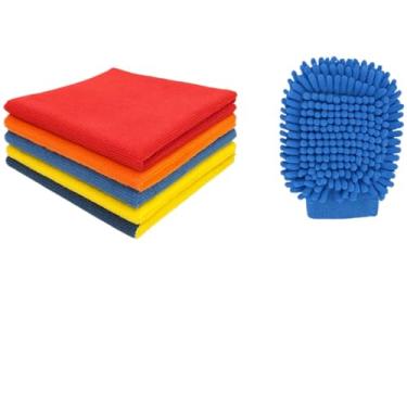 Imagem de Pano De Limpeza Kit De Lavar Carro Moto Limpeza Automotiva Luva +5 Pano Microfibra Super Absorvente