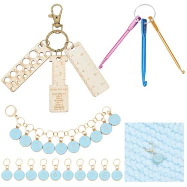 Imagem de BENECREAT 11 peças de liga esmaltada número 0 ~ 9 corrente contadora de linha de tricô com 3 peças chaveiros de calibre de madeira, 3 peças de ganchos de crochê de alumínio, marcadores de ponto de