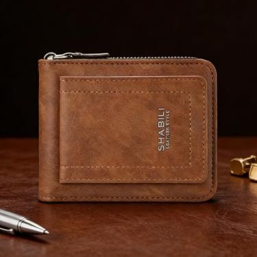 Imagem de Carteira masculina clássica marrom claro de couro macio brilhante com vários cartões, design clássico curto com encaixe, couro macio brilhante e organização de vários compartimentos para cartões