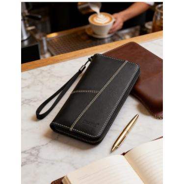 Imagem de Carteira masculina longa de couro, carteira com zíper único com vários compartimentos para cartão e grande capacidade, organizador durável com bloqueio de RFID para cartões e dinheiro (preto)