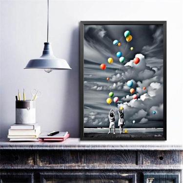 Imagem de Quadro Decorativo Crianças Com Balões Coloridos 45X34Cm