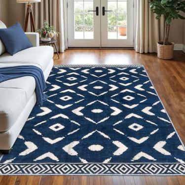 Imagem de KILOCOCO Tapete para sala de estar, 12 x 18 cm, tapete lavável, antiderrapante, grande, marroquino, interior, para sala de jantar, escritório, casa de fazenda, tapete geométrico, azul