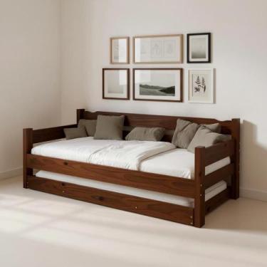 Imagem de Cama Solteiro Com Auxiliar Bicama de Madeira Maciça Castanho - Repleta