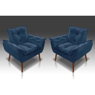 Imagem de Kit 02 Poltrona Opala Com Fibra Siliconada Suede Azul Marinho - Modena