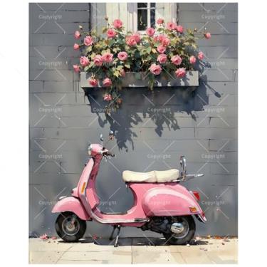 Imagem de Kit de pintura vintage de scooter por números para adultos - Ciclomotor rosa DIY com caixa de janela rosa pintura em tela, conjunto de tinta acrílica, adequado para iniciantes, arte para decoração de