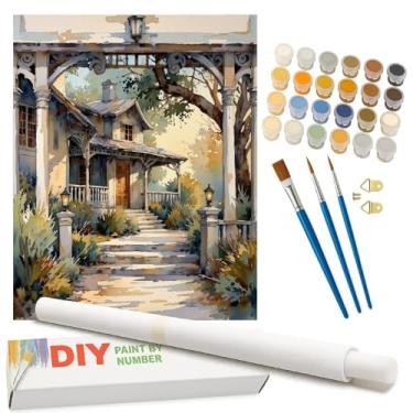 Imagem de Kit de pintura de paisagem de casa de campo por números para adultos - Pintura de varanda rústica DIY em tela enrolada 40,6 x 50,8 cm, conjunto de tinta acrílica, adequado para iniciantes, arte para