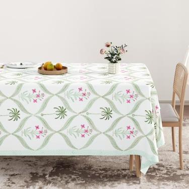 Imagem de Stitch Haven Coleção Palms & Petals – Toalha de Mesa de Palmeira de Pétala Primavera – Retangular 152 cm x 234 cm – Estampa em Bloco Artesanal Design Botânico Verde e Rosa Roupa de Mesa de Jantar