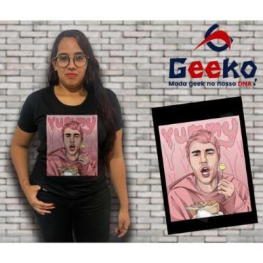 Imagem de Baby Look Justin Bieber - Yummy - Pop - Geeko, Preto fundo rosa, GG