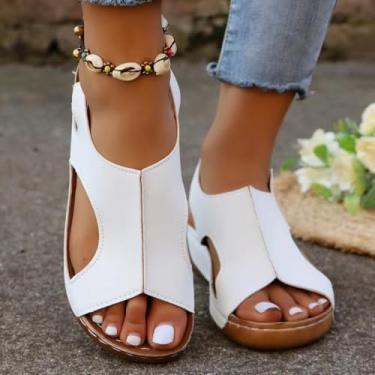 Imagem de Sandálias femininas plus size com plataforma Peep-Toe – Sola grossa com elástico casual sem cadarço, Branco, 40