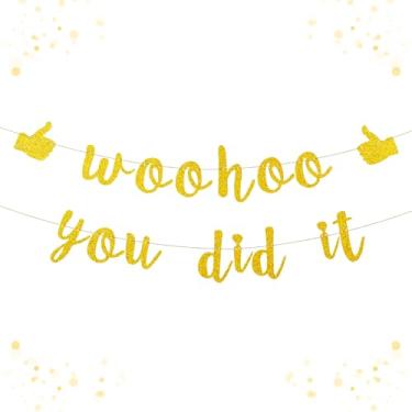 Imagem de Banner pré-amarrado Woohoo You Did It - Placa de felicitações com glitter para decorações de formatura 2026, promoção de trabalho, suprimentos para festa de aposentadoria, sem estamparia grande para