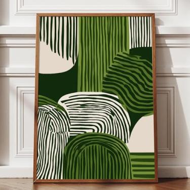 Imagem de Arte Boho Verde e Bege Pintura Abstrata Geométrica Meados do Século Impressões Geométricas Modernas Linha Abstrata Arte de Parede Verde Minimalista Impressões Boho Neutro para Quarto, Casa 41 x 61 cm