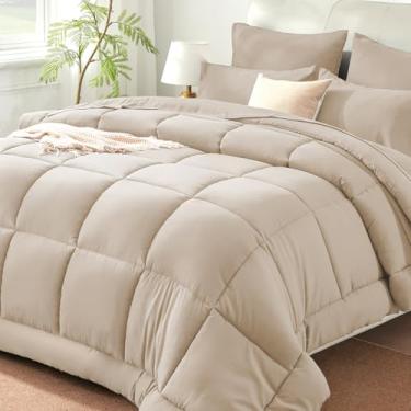 Imagem de SunStyle Home Conjunto de edredom casal/queen bege – 7 peças de cama em um saco, leve conjunto de cama alternativo de plumas de ganso com edredom para todas as estações, 1 lençol de cima, 1 lençol com
