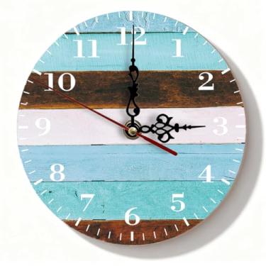Imagem de Relógio de parede de madeira estilo retrô, silencioso, sem tique-taque, operado por bateria para sala de estar, quarto, cozinha – design rústico azul e branco, 19 cm