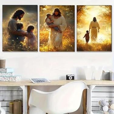 Imagem de 3 peças de arte de parede em tela Jesus e criança cristão Jesus menina pequena impressão pintura decoração de casa adequado para sala de estar quarto igreja sala de oração 30,5 x 40,6 cm pode ser