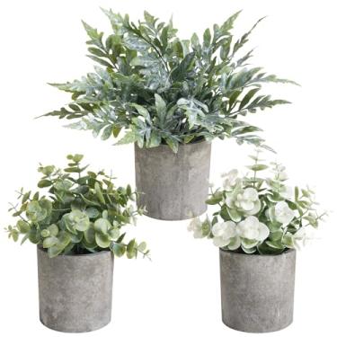 Imagem de RUIDKUN Pacote com 3 mini vasos de plantas falsas de plástico artificial plantas de eucalipto para casa, escritório, mesa, banheiro, mesa de centro e prateleira (verde)