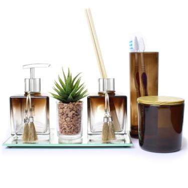 Imagem de Kit Lavabo Banheiro Luxo Londres com Bandeja Espelhada, Aromatizador de Ambiente, Saboneteira e Porta Escovas(Âmbar)