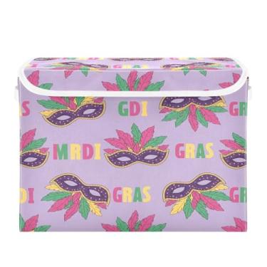 Imagem de Wassud Cestos de armazenamento dobráveis com tampas, máscaras de baile de máscaras douradas, cestas organizadoras de tecido dobráveis para armário, casa e decoração sazonal 41,5 x 32,5 x 39 cm