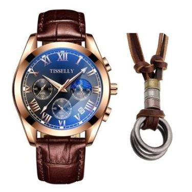 Imagem de Relógio Masculino Analógico Funcional Dourado + Colar Anéis-Masculino