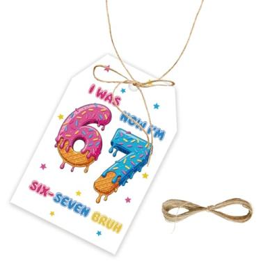 Imagem de 50 etiquetas de presente de aniversário I was 6 Now I'm 7, Ice Cream Six Seven Bruh com cordão para festa de 7º aniversário, etiquetas de papel engraçadas 6 7 Six Seven para lembrancinhas de festa de